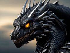 a close up of a dragon statue with yellow eyes