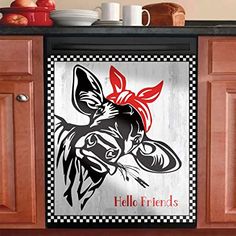 a black and white kitchen mat with an image of a dog wearing a bandana