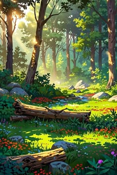 the sun shines brightly through the trees in this painting