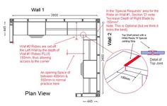 an architectural drawing shows the details for a wall and floor plan, with measurements to each section