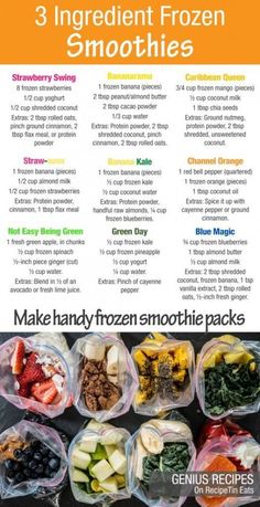 three ingredient frozen smoothies are shown in this info sheet, with the instructions for how to make them