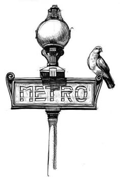 two birds sitting on top of a street sign with the word metro written below it