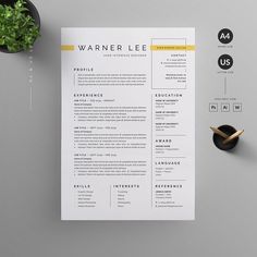 a clean and modern resume template with yellow accents on the cover, next to a potted plant