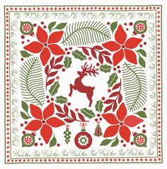 a red and green christmas bandanna with holly leaves, poinsettis and reindeer