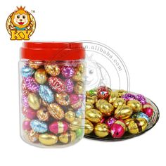 a glass jar filled with chocolate easter eggs