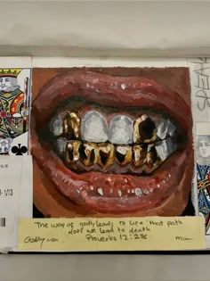 an altered photograph of a mouth with gold teeth