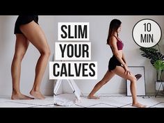 two women in swimsuits standing next to each other with the words slim your calves