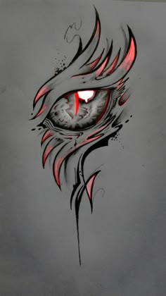 an artistic drawing of a dragon eye with red and black lines on the iris's eyes