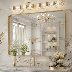 a bathroom vanity with a large mirror above it and flowers in the vase on the counter