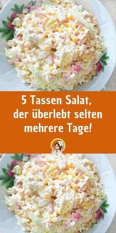 three plates with different types of food on them and the words 5 tassen salat,