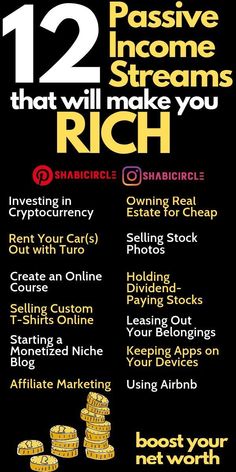 a black and yellow poster with the words 12 passive income streams that will make you rich