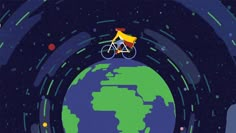 an illustration of a man riding a bike around the world on top of a globe