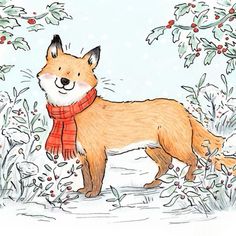 a drawing of a fox wearing a scarf and standing in the snow surrounded by holly branches