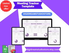 a computer, tablet and monitor with the text meeting tracker template on it next to each other