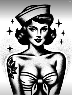 a black and white drawing of a woman wearing a sailor's hat with stars in the background