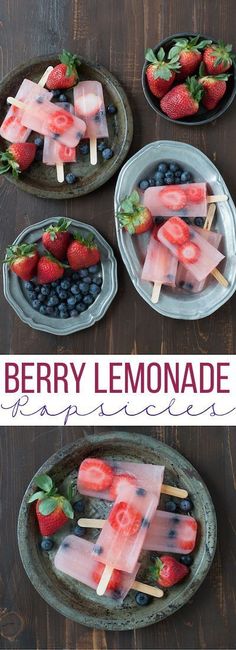 berry lemonade popsicles are arranged on plates with strawberries and blueberries in them