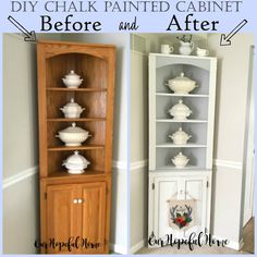 before and after pictures of an old china cabinet painted white with chalk paint on it