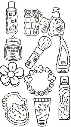 coloring pages for kids with different things to draw on the page, including bottles and flowers