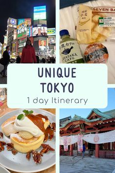 the collage shows different things in tokyo, including food and drinks on display at an outdoor market