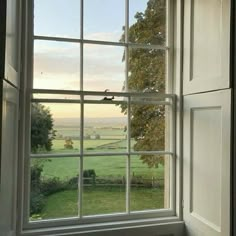 an open window looking out onto a green field