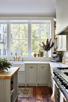 a kitchen filled with lots of counter top space next to a window covered in plants