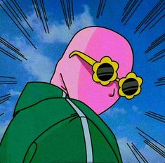 a cartoon character wearing sunglasses and a green jacket with sun glasses on his head looking at the sky