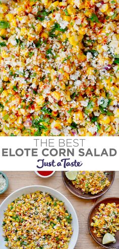 Top image: A close-up view of elote corn salad with Cotija cheese, cilantro and spices. Best Way To Freeze Corn, Elote Corn Salad, Mexican Corn Side Dish, Freezing Corn, Elote Corn, Mexican Street Corn Recipe, Street Corn Recipe, Corn Side Dish, Mexican Side Dishes