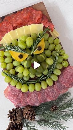 an owl made out of grapes and meat with pine cones on the side next to it