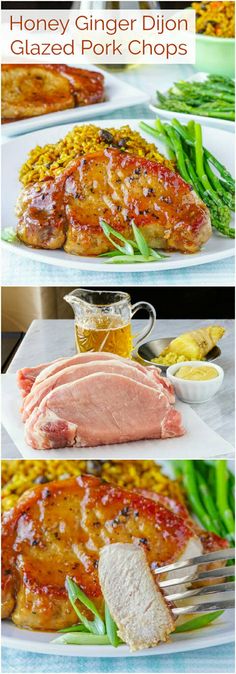 honey ginger dijon glazed pork chops on a white plate