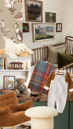 a baby's room with teddy bears and pictures on the wall