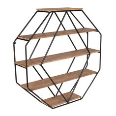 an iron and wood shelving unit with three shelves on each side, in the shape of a hexagonal structure