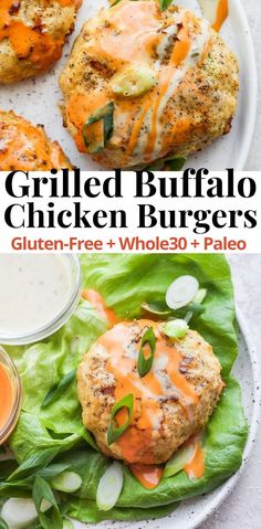 grilled buffalo chicken burgers on a plate with lettuce and sauce