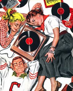 a painting of two people laying on top of a record player