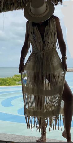 ALLE BOHO "CABO" Unlined V-neck Maxi Dress For Beach, Long Beachwear Swimwear As Beach Cover-up, Beige V-neck Beach Dress For Vacation, Beige V-neck Beach Dress Cover-up, Sand Color Poolside Cover-up For Beach Season, Beige V-neck Cover-up For Vacation, Beach Season V-neck Sundress Cover-up, Beachy Fringe Cover-up For Beach Season, Bohemian V-neck Swimwear For Beach