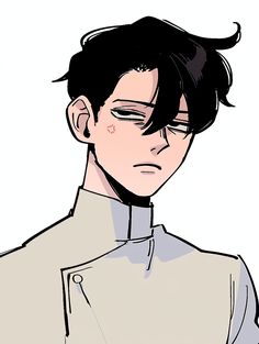 an anime character with black hair wearing a white shirt and grey collared shirt is staring at the camera