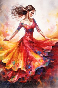 a painting of a woman in a red and yellow dress with her hair blowing in the wind