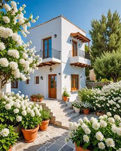 a white house surrounded by flowers and trees