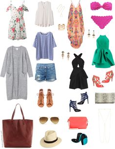 a bunch of clothes and accessories are arranged on a white background, including hats, sunglasses, purses, shoes, tote bags