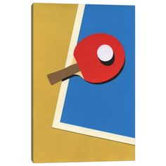 a red ping pong paddle on top of a blue and yellow table tennis court