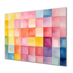 an abstract painting with many different colored squares on the wall, including pink and blue