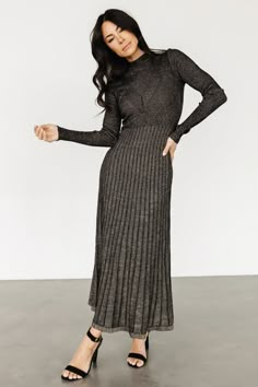 Jamelia Pleated Sweater Dress | Black + Gold - Baltic Born Winter Wedding Attire, Evening Maxi Dresses, Long Sleeve Babydoll Dress, Dresses Velvet, Sweater Dress Black, Baltic Born, Long Sleeve Dress Formal, Velvet Maxi Dress, Velvet Maxi