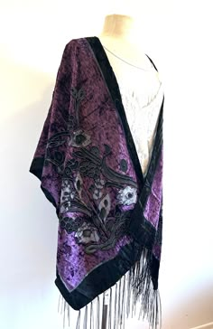 Gorgeous Lavender, Gray, Semi sheer, Burnout Floral Kimono, Shawl with sleeves, Fringed, Handmade, Velvet Robe, fringed, Cape, Shawl  lavender velvet semi sheer Kimono with sleeves on black Loose fitting fits size 6 to 22 Measurements: width 36" ( 74" all the way around) Length 31" fringe is an additional 6" Gorgeous Lavender, Gray, Semi sheer, Burnout Floral Kimono, Shawl with sleeves, Fringed, Handmade, Velvet Robe, fringed, Cape, Shawl Sheer Shawl, Purple Whimsigoth Outfit, Purple Whimsigothic Outfit, Elegant Long Purple Kimono, Purple Bohemian Shawl For Winter, Velvet Burnout Kimono, Kimono Floral, Purple Shawl, Sheer Kimono