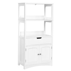 a white bookcase with drawers and doors on the bottom shelf is against a white background