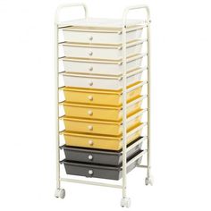 a white cart with yellow and black drawers