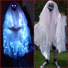 two pictures one in white and the other in blue with lights on it, both wearing ghost costumes