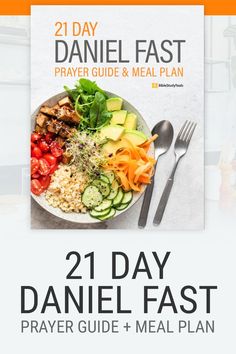 the 21 day meal plan is shown with an image of vegetables and rice on it