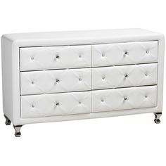 a white dresser with four drawers and chrome legs