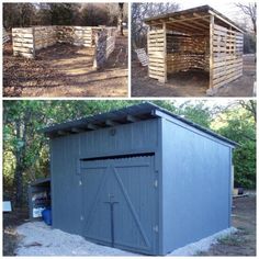 two pictures of different types of sheds in the woods and on the ground, one is made out of wood