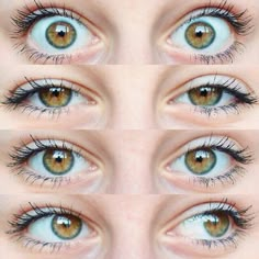 four pairs of eyes with long lashes and brown eyeliners, all showing different colors