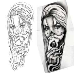 two different tattoos that have been drawn on each side of the body, one with a woman's face